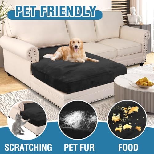 H.VERSAILTEX Velvet Stretch Individual Chaise Cover Sectional Couch Covers for L Shaped Sofa Both Left/Right Furniture Protector Seat Cushion Sofa Cover (1 Piece Chaise Cover, Black) - Image 3