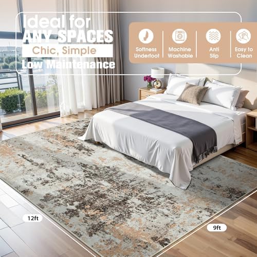 9x12 Area Rugs for Living Room Washable Bedroom Dining Room Brown Beige - Image 2