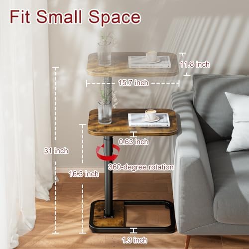GOYLSER C-Shaped Tables Small Swivel End Table, Height Adjustable Side Tables Living Room, Rotating Snack Couch Wooden Tv Trays for Eating On Couch, Rustic Brown - Image 2