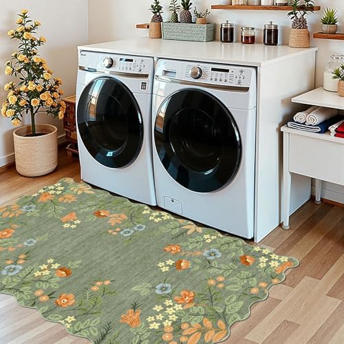 Floral Outdoor Rug - 28" x 43" Front Door Mat Indoor Outside Entrance Non-Slip Washable Outdoor Mat Sage Green Boho Flower Rug for Entryway Kitchen Bedroom Layered Doormat for Front Porch - Image 5