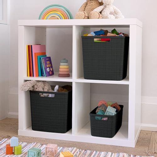 Curver Set of 4 Large Cube 17L Jute Decorative Plastic Organization and Storage Baskets - Perfect Bins for Home Office, Closet Shelves, Kitchen Pantry and All Bedroom Essentials, Black - Image 6