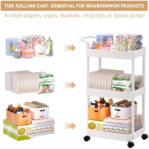 Volnamal Diaper Caddy, 3 Tier Rolling Cart for Baby Essentials, Off-White - Image 3