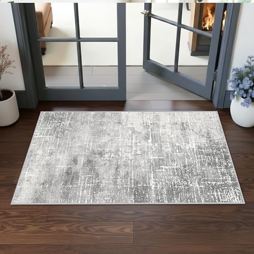 Washable 2x4 Entryway Area Rugs: Non-Slip Abstract Water Resistant Kitchen Rug Durable Doormat Soft Bedroom Carpet Indoor Low Pile Floor Mat for Bathroom Dining Room Hallway Runners(2x4,Light/Grey) by HYHAOYUNLAI