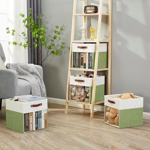 Bagnizer Storage Cubes, 4 Pack Linen Foldable Storage Bins (13 x 13 inch) with Clear Window and Handles, Fabric Organizer for Shelf Closet, Clothes, Books - (Green and White) - Image 6