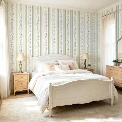 Safiyya Wallpaper Peel and Stick Stripe Floral Wall Paper Removable Green Pink Contact Paper 17.7''x197'' Waterproof Self Adhesive Vinyl Boho Wallpaper for Bedroom Living Room Decor - Image 5