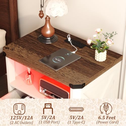 Yusong 23.62" Tall Night Stand, LED Nightstand with Charging Station, Modern Night Stand, Wood Sofa Couch End Side Table with 2 Pull-Out Shelf, White - Image 4