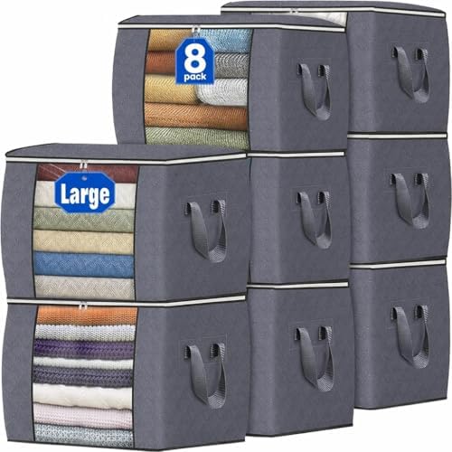 Large Storage Bags, 8 Pack Clothes Storage Bins Foldable Closet Organizers Storage Containers with Reinforced Handle for Clothing, Blanket, Comforters, Bed Sheets, Pillows and Toys (Gray) by Unknown