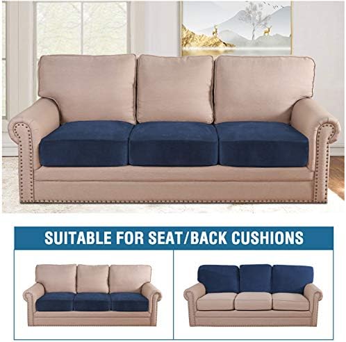 H.VERSAILTEX Velvet Stretch Couch Cushion Cover Plush Cushion Slipcover for Chair Loveseat Sofa Cushion Furniture Protector Seat Cushion Sofa Cover (3 Piece Sofa Cushion Covers, Navy) - Image 3