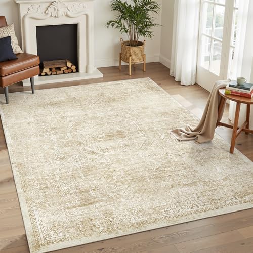 Soalmost 5x7 Area Rugs Beige/Ivory Washable Trendy Faded Style Floral Rugs - Image 2