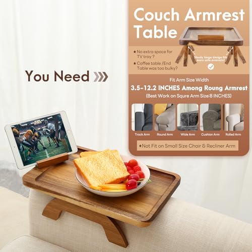 SINWANT Couch Arm Tray, Acacia Wood Sofa Arm Rest Table Clip on Wide Armrest,Folding Anti Slip Couch Armrest Table with 360° Rotating Phone Holder for Snacks,Drinks,Remotes - Image 3