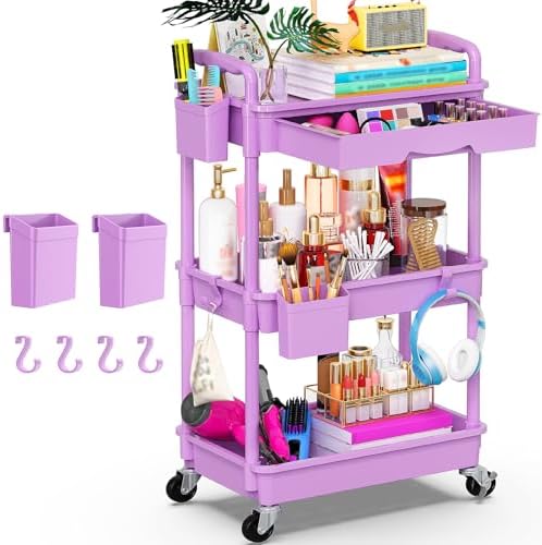 Goovilla 3 Tier Rolling Utility Cart Organizer with Removable Drawer,Purple by Goovilla