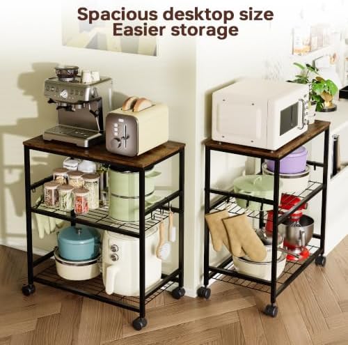 itchen Rolling Cart, 3-Tier Microwave Stand with Lockable Wheels, One-Piece Shelf, Kitchen Utility Storage Cart for Coffee Bar,Apartment, Dorm, Laundry Room, Office, 23.6" x 15.7" x 27.6", Brown - Image 7