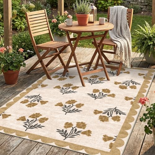 4x6 Covered Outdoor Patio Rug, Beige Washable Front Porch Entry Rug by Othilic
