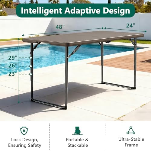 Folding Table, 4FT Foldable Picnic Table with Carrying Handle, Heavy Duty Fold-in-Half Portable Table for Weddings, Camping, RV Travel, Parties, BBQs, and Indoor Use, Easy to Fold and Store, Khaki - Image 5