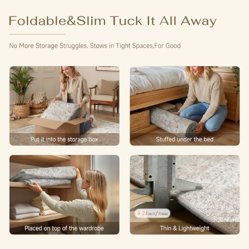 7x9 Washable Area Rug Beige Grey Non Slip Vintage Carpet - Image 7