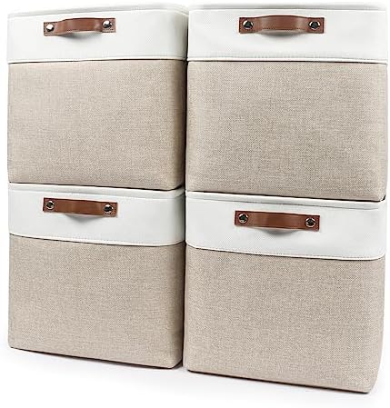 Bagnizer 13x13 Cube Storage Bins, Collapsible Fabric Storage Box, 4 Pack Closet Baskets with Handles for Organizing, Shelf, Toys, Clothes, Home, Office, Nursery (Beige&White) by Bagnizer