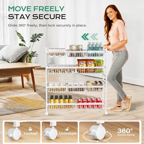 Cinati 4-Tier Snack Cart with Wheels, 29''W Toy Storage Organizer, Rolling Pantry Storage Cart with 10 Wire Baskets & Handle,Adjustable Metal Snack Rack, Kitchen Organizer for Fruit, Vegetables(White) - Image 4
