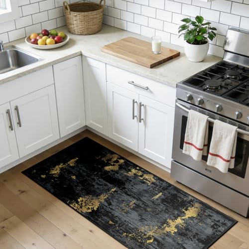 RELEANY Washable 2'x5' Abstract Area Rug for Living Room Black Gold - Image 2
