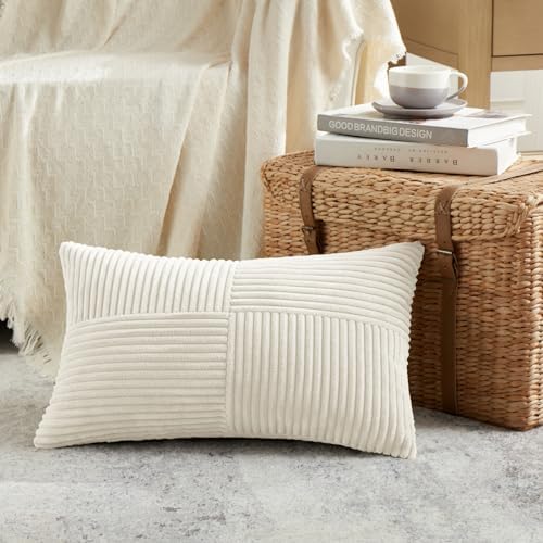 Fancy Homi 2 Packs Cream Lumbar Decorative Throw Pillow Covers 16x32 Inch for Living Room Couch Bed Sofa, Rustic Farmhouse Boho Home Decor, Soft Striped Corduroy Rectangle Accent Cushion Case 40x80 cm - Image 2