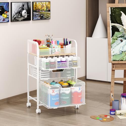4-Tier Rolling Utility Cart with 3 Drawers-White Craft Organizers and Storage with DIY Dividers, Under Desk Cart with Lockable Wheels, Craft Cart Art Cart for Brushes Artifacts Patent Pending - Image 6