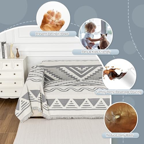 MYSKY HOME Sectional Couch Cover Grey Boho Geometric Sofa Covers for Sectional Sofa L Shape Chenille Couch Protector for Dogs Pets Couch Throw Cover Washable Durable for Home Decor, 71" X118" - Image 4