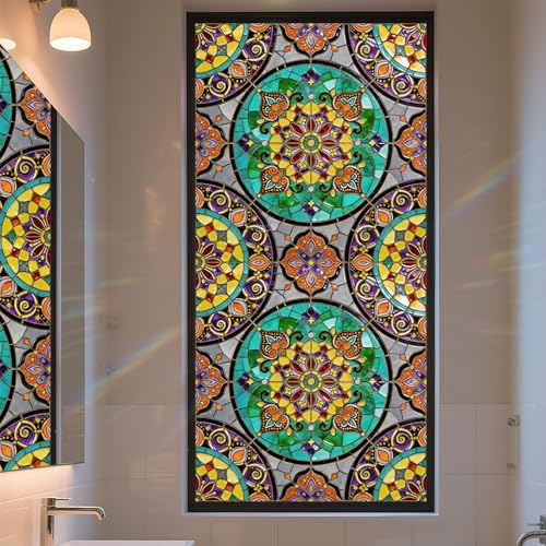 Stained Glass Window Privacy Film Static Cling - Rainbow Glass Decorative Sun Blocking Window Covering, Non-Adhesive Removable Stickers for Home & Office, 17.5" x 78.7" (Color 36) by AOHMPT