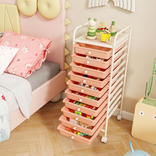 10-Drawer Rolling Storage Cart, Trolley w/Lockable 360° Wheels, 10 Removable PP Drawers, Sturdy Metal Frame, Rolling Utility Cart Perfect for Home, Office, Classroom (Peach Fuzz) - Image 2