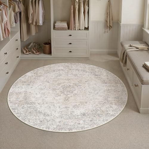 4R Washable Round Rug Beige Grey Non Slip Vintage Carpet by WondRg