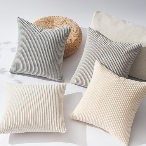 Topfinel 4 Packs Neutral Decorative Throw Pillows Covers 12x12 Inch for Living Room Couch Bed Sofa, Rustic Farmhouse Boho Neutral Home Decor, Soft Plush Striped Corduroy Square Cushion Case 30x30 cm - Image 3