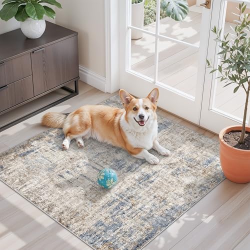 3x3 Square Entryway Rug Washable – Non-Slip Small Area Rug for Kitchen or Bathroom, Soft Low-Pile Indoor Mat, Modern Abstract Thin Door Carpet (Blue Brown) by ZHXXUJ