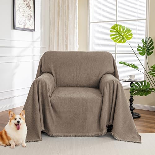 MYSKY HOME Chair Couch Cover Sectional Couch Covers for Pet Sofa Covers Non Slip Soft Couch Sofa Cover, Washable Furniture Protector Sofa Slipcover with Tassel Sofa Throws Living Room, 71"x91", Sand by MYSKYHOME