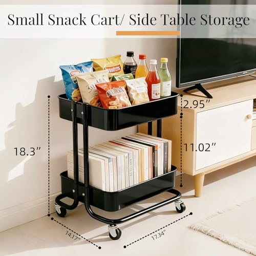 2 Tier Cart with Wheels Heavy Duty Metal Rolling Storage Cart for Under Desk Storage, Short Small Utility Shelf for Pantry Kitchen Bathroom Laundry, Home Organizer with Large Basket, Black - Image 5