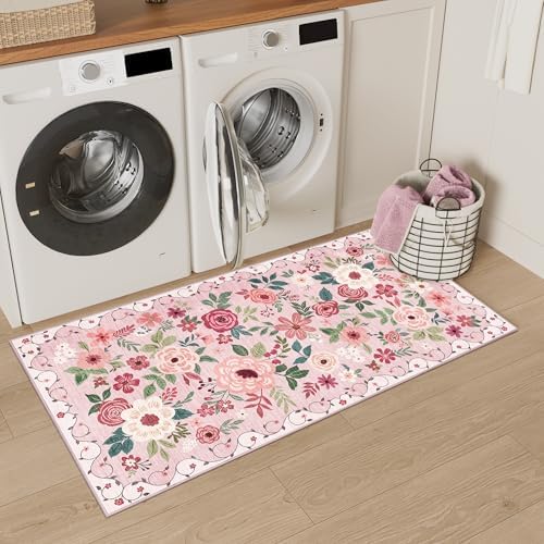 DUKINO 2x4 Entryway Rug, Floral Washable Kitchen Rugs Non Slip, Pink - Image 6