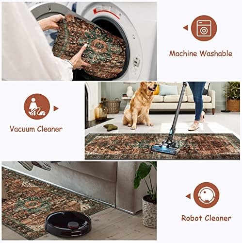 Moynesa Ultra-Thin Washable Runner Rug - 2x7 Kitchen Runner Stain Resistant Hallway Mat, Non-Slip Non-Shedding Bathroom Laundry Carpet Runner for Front Door Bedside Camper, Brick Red/Dull Teal - Image 3