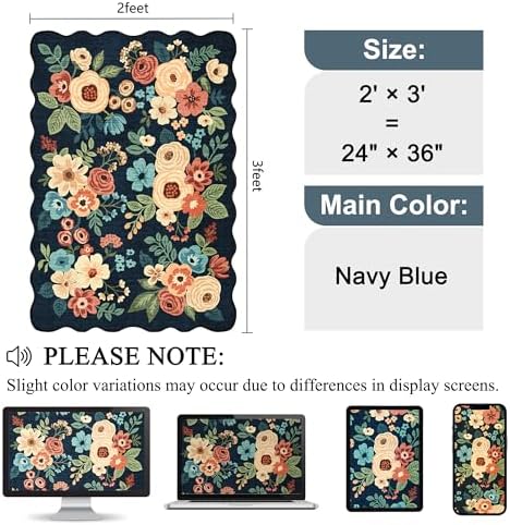 DUKINO 2x3 Rug for Entryway, Floral Door Mat Washable Rug, Navy Blue - Image 2