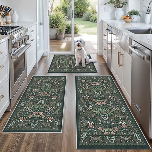 3 Piece Kitchen Rug Set, Washable Non-Slip Kitchen Mats for Hardwood Floor, Boho Farmhouse Kitchen Runner Rug for Sink,Entryway & Hallway & Bathroom (Dark Green, 2x3+2x4+2x5) by BYYVOORugsforYourHome