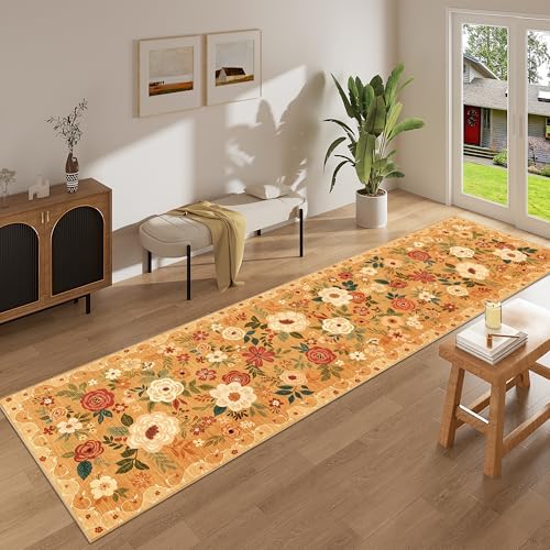 DUKINO 2.6x12 Kitchen Runner Rug, Floral Non Slip Long Washable Rug, Orange - Image 6