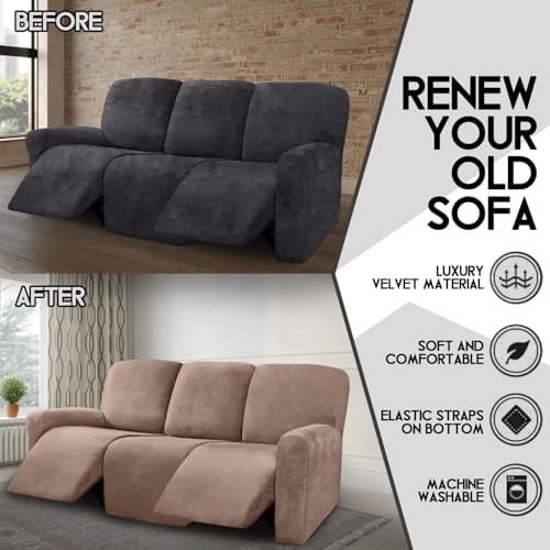 ULTICOR Velvet 8-Pieces Recliner Sofa Covers Stretch Reclining Couch Covers for 3 Cushion Reclining Sofa Slipcovers Furniture Covers Thick Soft Washable (3 Seater Recliner Cover, Sand) - Image 5