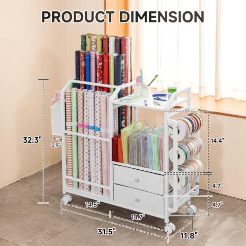 Aquzee Wrapping Paper Storage, Rolling Gift Wrap Station with Drawer - Image 3