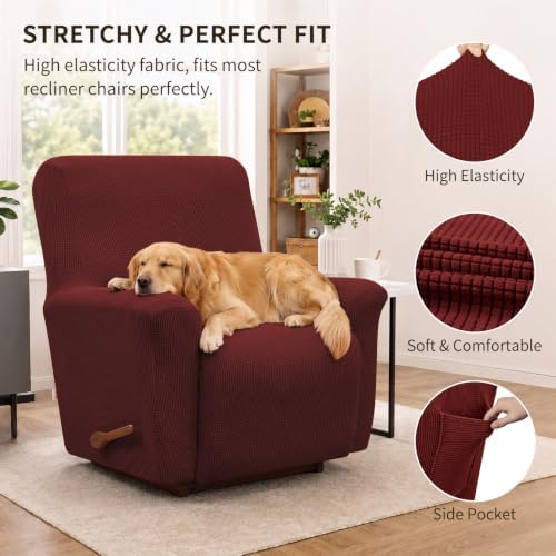 KEKUOU Recliner Chair Covers, 1-Piece Lazy Boy Recliner Covers,Dark Red - Image 2