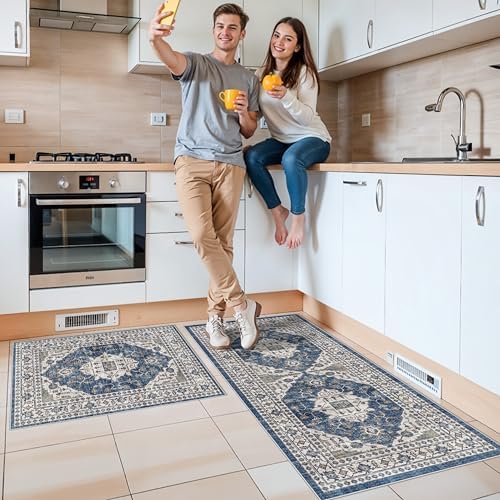 Kitchen Sink Rugs Set 0f 2: Washable Non-Slip Hardwood Floor Mat for Stove Dishwasher Fronts Soft Stain Resistant Carpet for Cooking Area & Fridge Boho Home Decor for High Traffic Area(2x3+2x4,Blue) - Image 2