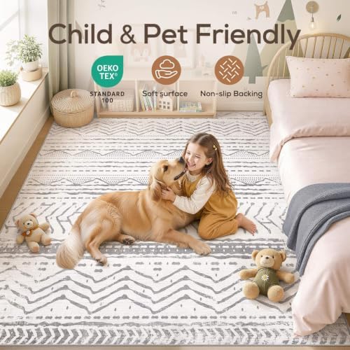 Nakagishi Area Rugs 8x10 Living Room: Washable Boho Large Neutral Soft Farmhouse Rug Stain Resistant Modern Geometric Non Slip Indoor Floor Carpet for Bedroom Nursery Kids Playroom Office- Gray White - Image 4