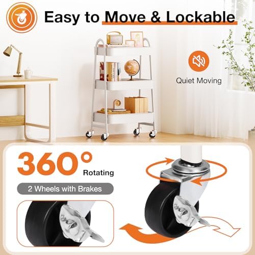 NEWBULIG 3-Tier Metal Rolling Cart with Lockable Wheels, Heavy Duty Mobile Utility Storage Shelf, Roller Book Snack Cart, Organization for Livingroom, Bathroom, Office, White - Image 3