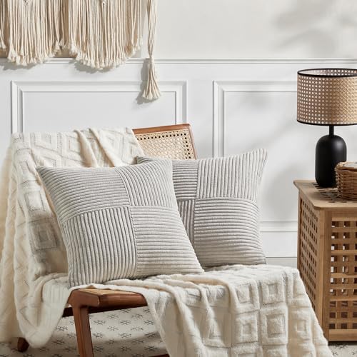 Fancy Homi 2 Packs Neutral Grey Big Decorative Throw Pillow Covers 24x24 Inch for Living Room Couch Bed, Rustic Farmhouse Boho Home Decor, Soft Corss Corduroy Patchwork Accent Square Cushion Case 60cm - Image 6
