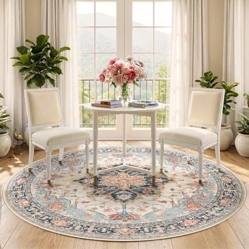 RELEANY Washable Area Rug, Round 5ft, Beige/Blue/Orange - Image 3