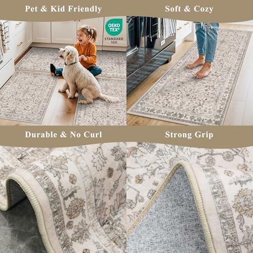 5x5 Square Washable Rug for Living Room: Non Slip Indoor Entryway Foot Carpet for Kitchen, Boho Soft Beige 5ftx5ft Low Pile Neutral Area Rug for Dining Room Bathroom (Beige, 5x5) - Image 5