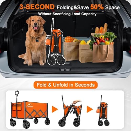 AMNOW 100L Collapsible Wagon Cart with All Terrain Wheels, 350LBS, Orange - Image 7