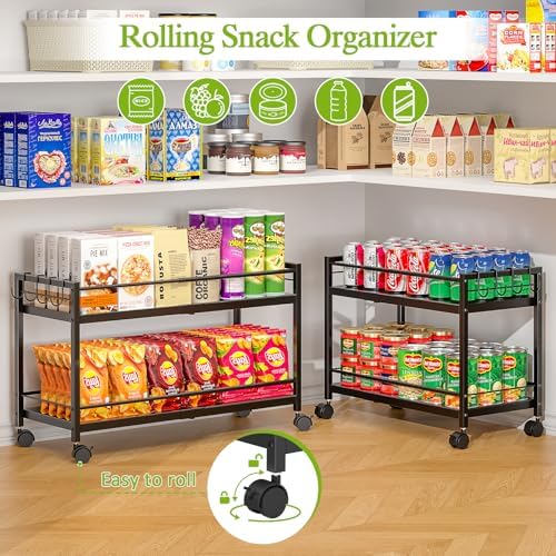 1 Pack 2-Tier Expandable Pantry Floor Organizer Cart, Rolling Pantry Storage Cart with Wheel, Adjustable Can Organizer for Kitchen Pantry, Pantry Shelves and Storage Rack for Snacks, Vegetables, Black - Image 6