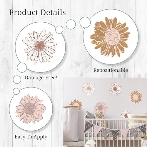 Boho Sunflower Wall Decals - Set of 6 7" Vinyl Flower Room Decor Peel and Stick Removable Floral Stickers for Nursery Bedroom Bathroom - Image 2