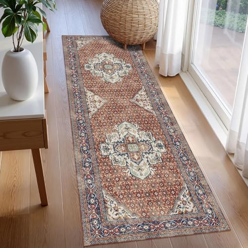 Washable Area Rug 2'6'' x 8' Vintage Traditional Persian Mat - Foldable Distressed Non-Slip Machine Washable Carpet for Living Room Bedroom Kitchen Home Decor - Terracotta and Navy - Image 3